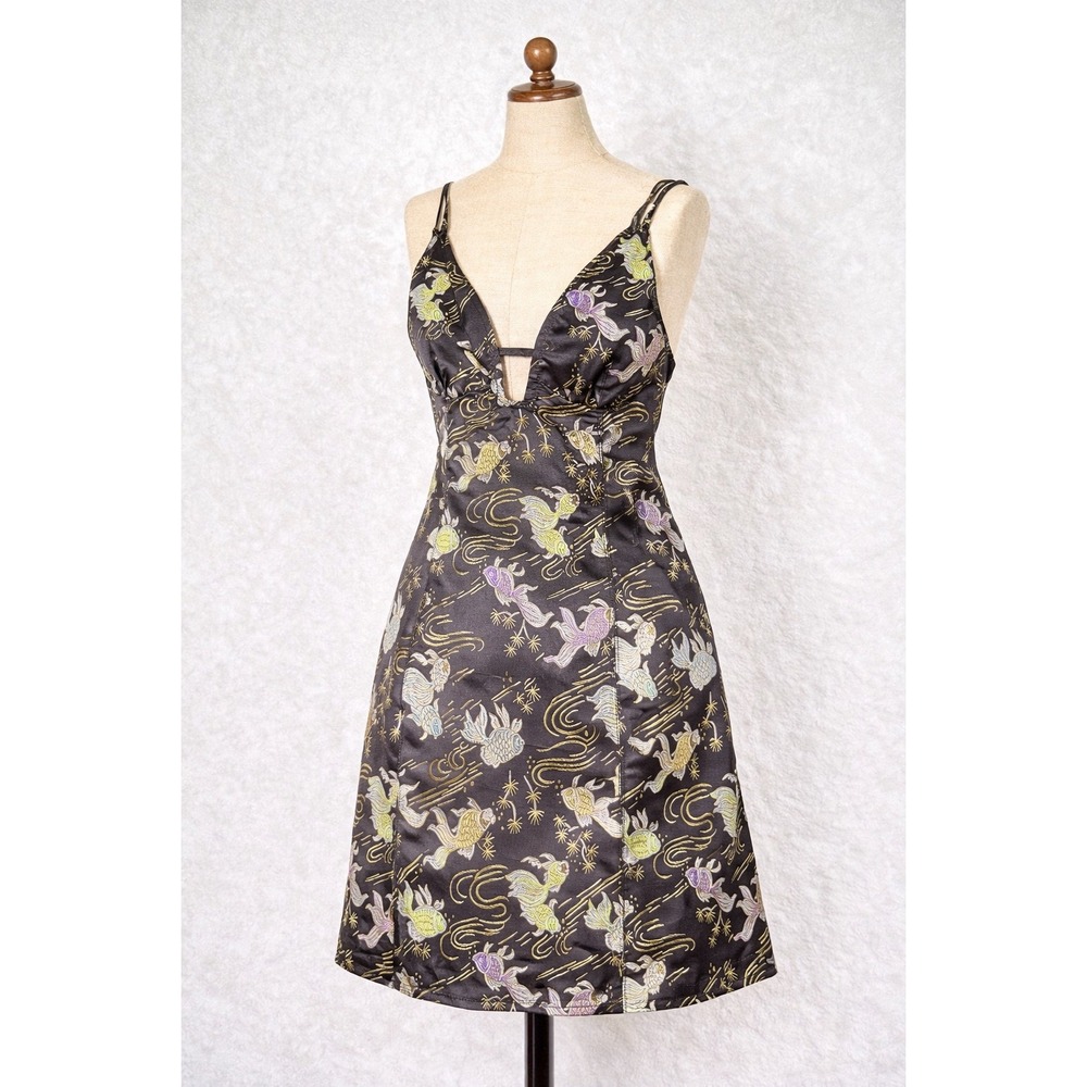 Urban Outfitters Goldfish Jacquard Satin Mini Dress Black V-Neck OB1597968 Small